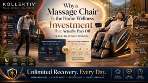 Person relaxing in a Kollecktiv zero gravity massage chair showing the long-term wellness and recovery benefits of home massage chair ownership.