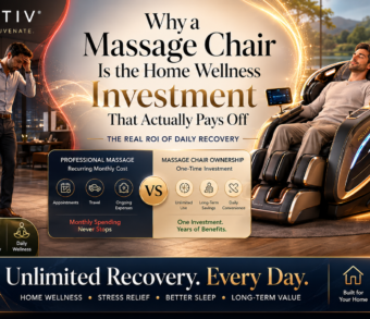 Person relaxing in a Kollecktiv zero gravity massage chair showing the long-term wellness and recovery benefits of home massage chair ownership.