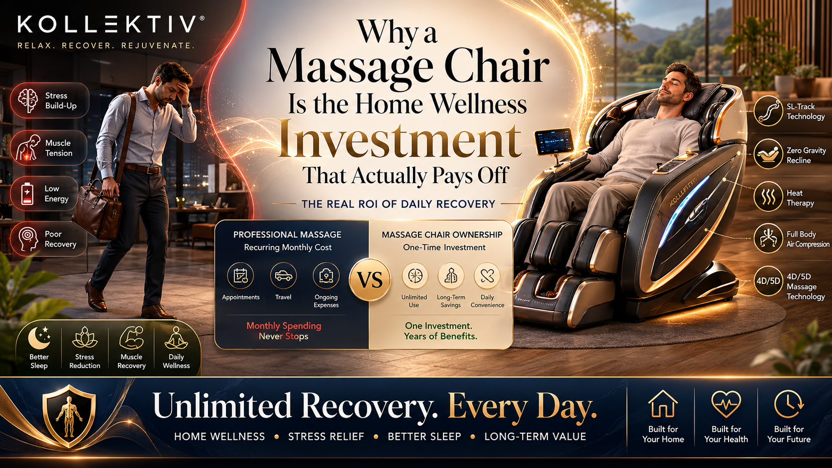 Person relaxing in a Kollecktiv zero gravity massage chair showing the long-term wellness and recovery benefits of home massage chair ownership.