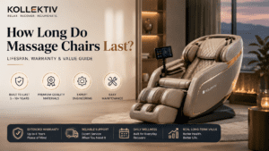 Premium massage chair lifespan infographic showing 5 to 12 year durability, warranty coverage, maintenance factors, and long-term ownership value