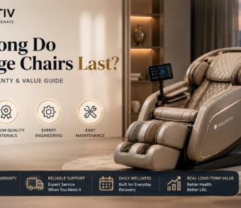 Premium massage chair lifespan infographic showing 5 to 12 year durability, warranty coverage, maintenance factors, and long-term ownership value