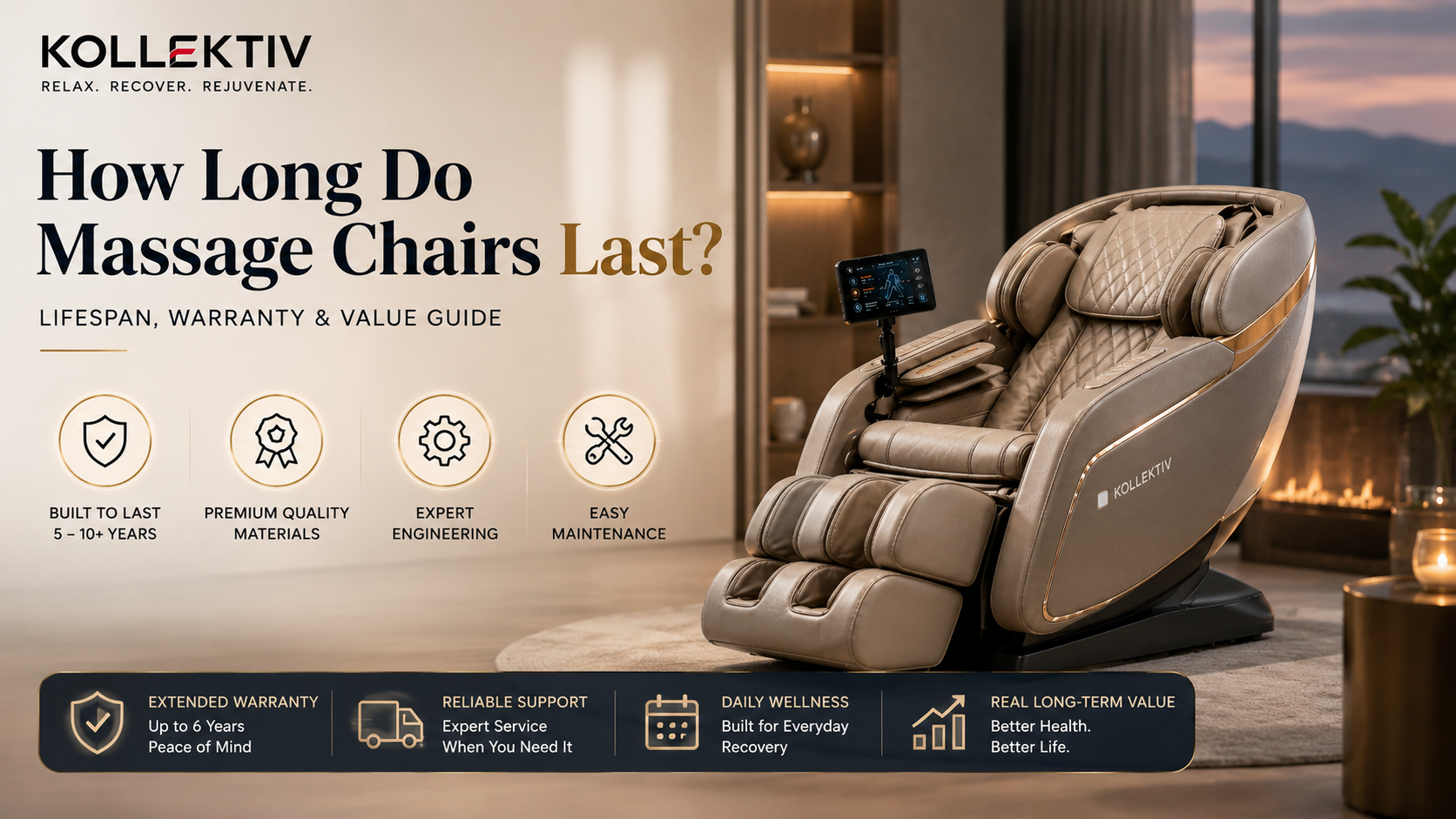 Premium massage chair lifespan infographic showing 5 to 12 year durability, warranty coverage, maintenance factors, and long-term ownership value