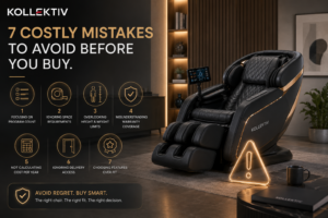 Premium massage chair in a modern home setting highlighting key buying considerations including sizing, warranty, delivery access, and long-term value before purchase