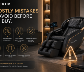 Premium massage chair in a modern home setting highlighting key buying considerations including sizing, warranty, delivery access, and long-term value before purchase