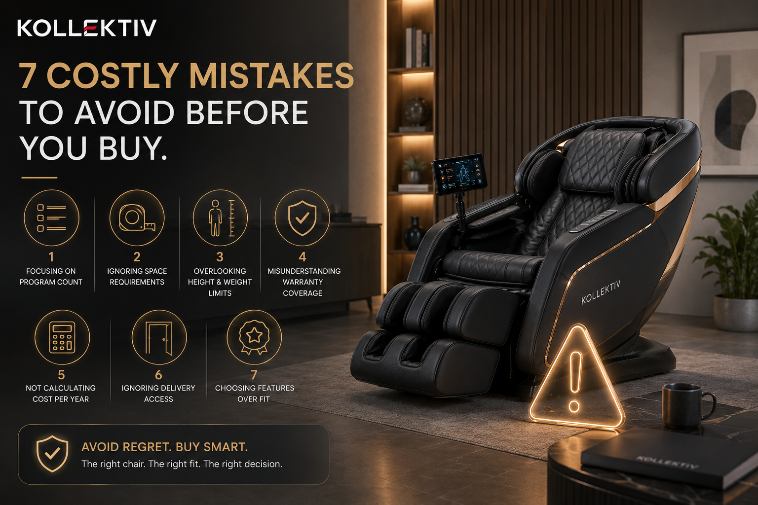 Premium massage chair in a modern home setting highlighting key buying considerations including sizing, warranty, delivery access, and long-term value before purchase