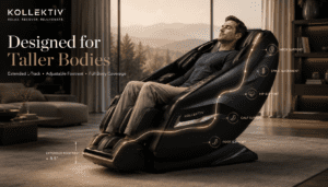 Tall user relaxing in a luxury Kollecktiv massage chair with extended L-track and adjustable footrest designed for full-body coverage and comfort