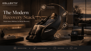 Luxury home recovery setup featuring a Kollecktiv zero gravity massage chair with wellness elements representing stress reduction, muscle recovery, circulation support, and improved sleep.
