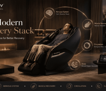 Luxury home recovery setup featuring a Kollecktiv zero gravity massage chair with wellness elements representing stress reduction, muscle recovery, circulation support, and improved sleep.
