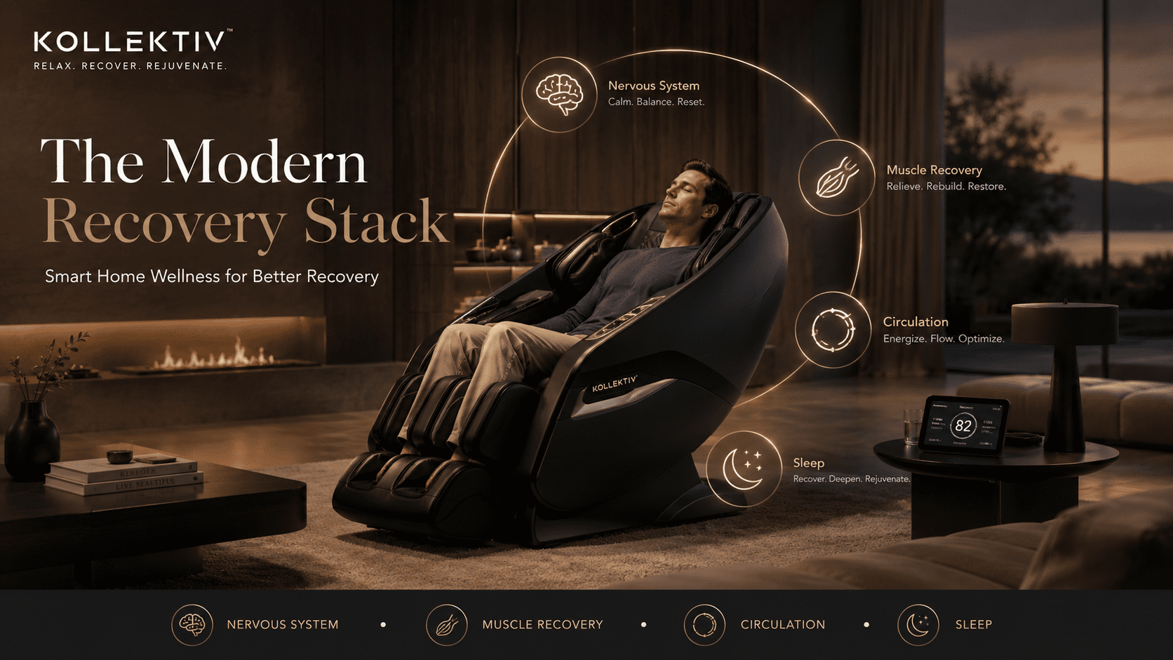 Luxury home recovery setup featuring a Kollecktiv zero gravity massage chair with wellness elements representing stress reduction, muscle recovery, circulation support, and improved sleep.