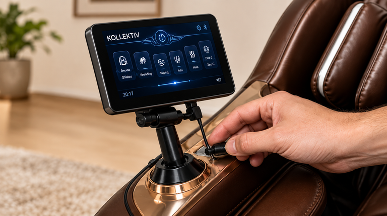 Attaching the control panel to a massage chair during setup