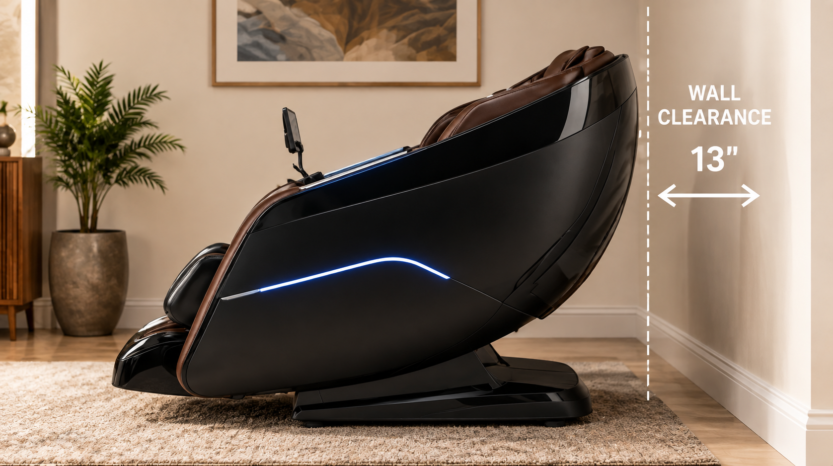 Massage chair reclined in zero gravity showing wall clearance space